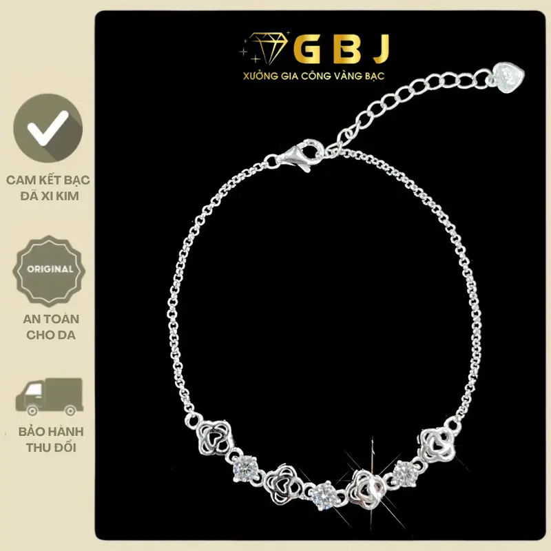 Lắc Tay Bạc Hình Tim Mix Đ.á Moissanite 4Li XI KIM (19cm) Sang Trọng Thanh Lịch GBJ719 2