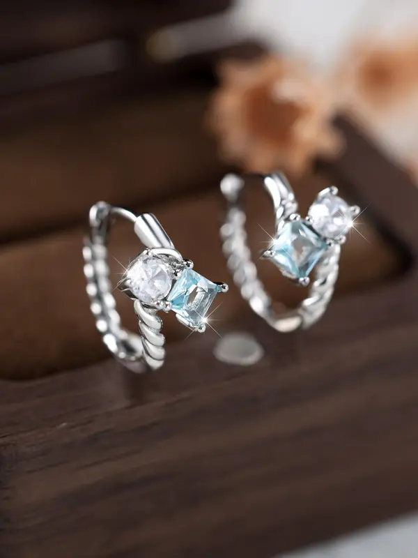 925 Sterling Silver Twisted Design Hoop Earrings, Elegant Square Shaped Artificial Zirconia Decorated Earrings for Women, Trendy All-match & Exquisite Jewelry for Birthday Gift 3