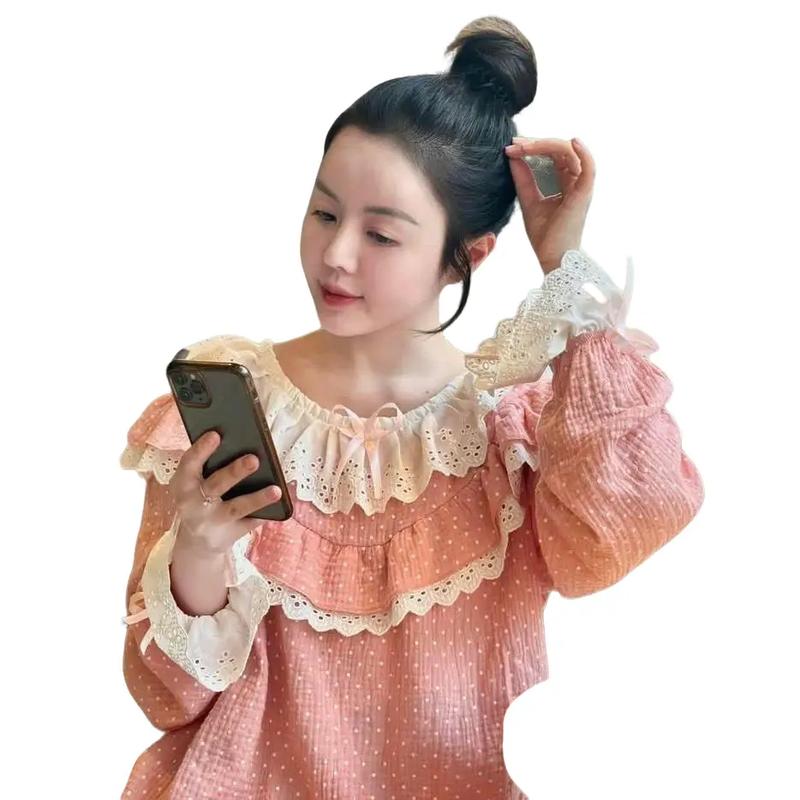 N26 pijama bánh bèo dài tay cho nữ  ( Women ) họa tiết chấm pi mới - Bộ áo Quần Ngủ tiểu thư họa tiết hàng quảng châu- Bộ ngủ mặc nhà hàng cao cấp