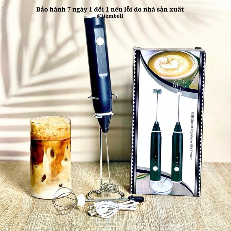 Máy đánh trứng, tạo bọt cafe mini cầm tay không giây 3 cấp độ, hỗ trợ sạc pin (kèm giá đỡ), que đánh inox cây