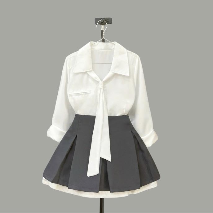 Set Bigsize (CÓ LẺ Áo/ Váy) Áo Sơ Mi Công Sở Thiết Kế Thanh Lịch Mix Chân Váy Tennis Xếp Ly Phối Trắng Xinh Cho Nữ Chuppy (50-95kg)- SM168/ CV421