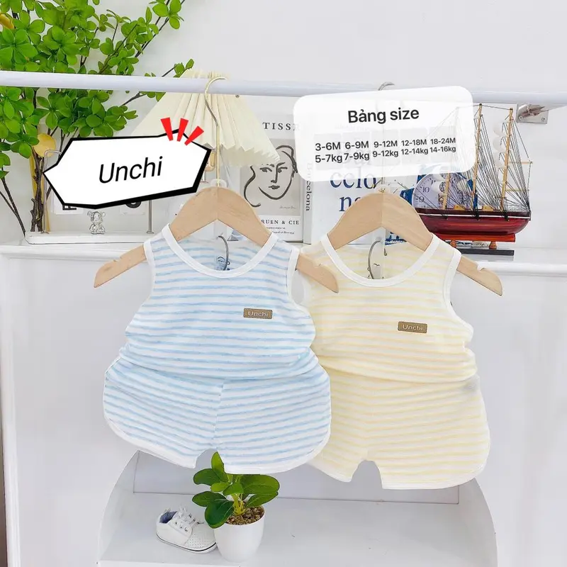 (Bl04) Bộ quần áo ba lỗ chất liệu gỗ sồi mềm mát hàng unchi cho bé trai, bé gái 1