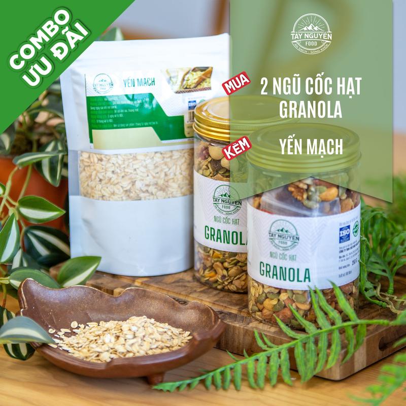 Combo 2 hũ Granola không đường 500g kèm 1 bịch Yến mạch cán mỏng 250g Tây Nguyên Food – Việt Nam