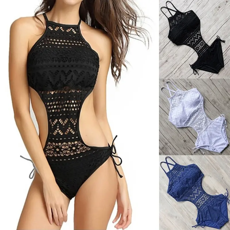 Summer One Piece Bikini Women Handmade Solid Crochet High Neck Swimsuits