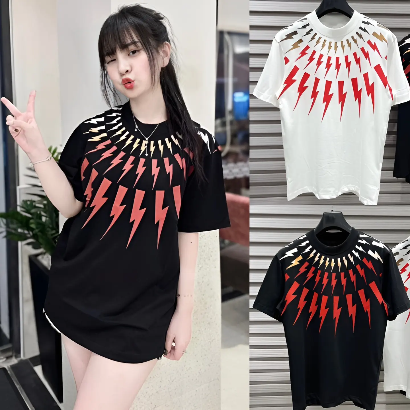 Áo Tia Sét Đỏ Cam Trắng Quanh Cổ Tròn, Áo Thun Boy phố Cháy Phố Cho Các Boy Phố 2023. Top Màu Trắng