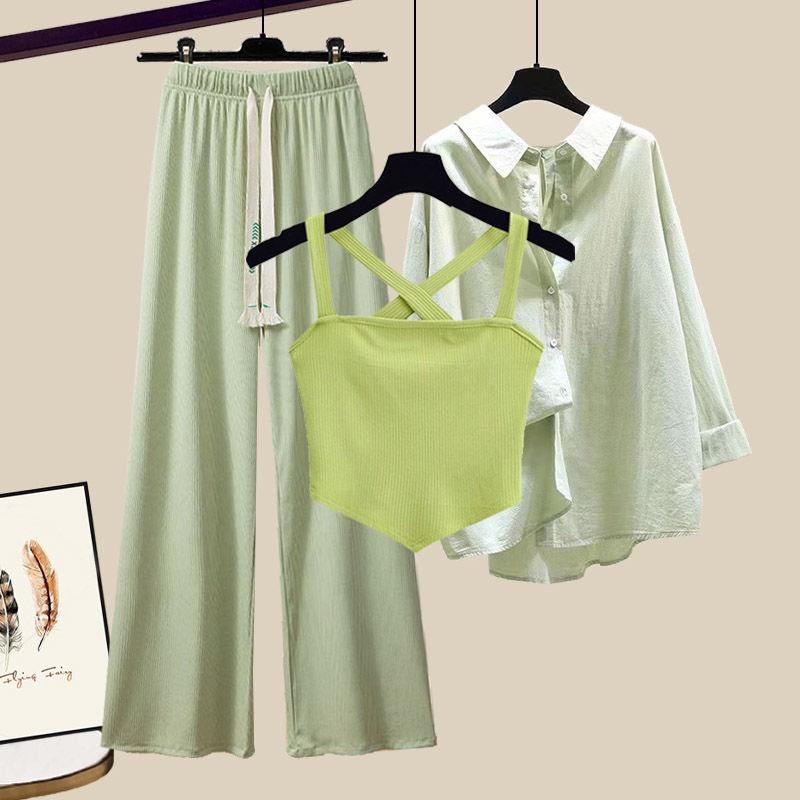 Product Introduction of plus Size Women's Summer Suit Female 2024 New Slim Korean Style Shirt Cross Tank Top Wide Leg Pants Three-Piece Suit Suit 6