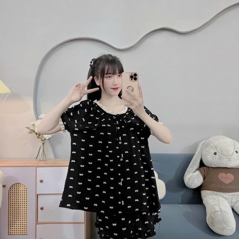 BỘ BẦU ĐÙI ĐŨI HÀN IN NƠ CỔ VUÔNG REN-CỔ BO CHUN -4 màu, quần có chun chỉnh 6