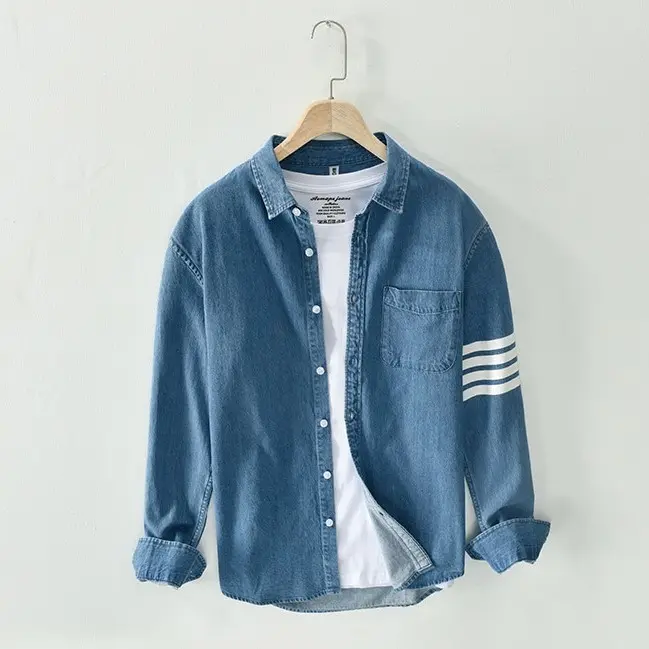 Áo sơ mi denim TOPMEN chất vải thoáng mát in viền tay cao cấp nam nữ Menswear Jean Ong Shirt
