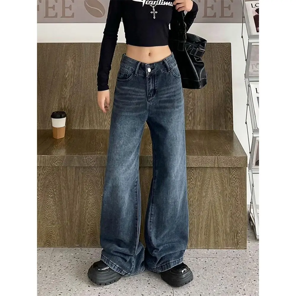 Hong Kong Style Retro Vintage Straight Jeans Women's American High Waist Chic Style Mop Pants Wide-Leg Pants Trendy Ins