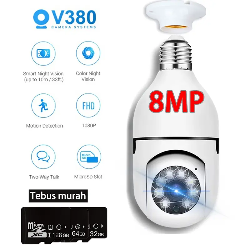 【Smart Home】V380 PRO CCTV IP Kamera Kamera cctv Bulb HD 8MP  Wifi Lampu 360 PTZ  Anti Air Led Ponsel