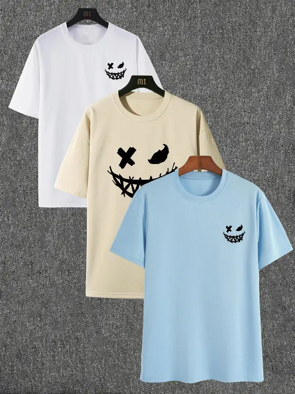 Unisex Men's Cartoon Face Print Drop Shoulder Tee, Regular Fit Casual Short Sleeve Round Neck T-shirt for Summer, Graphic Tees, Men's Clothes for Daily Wear 4