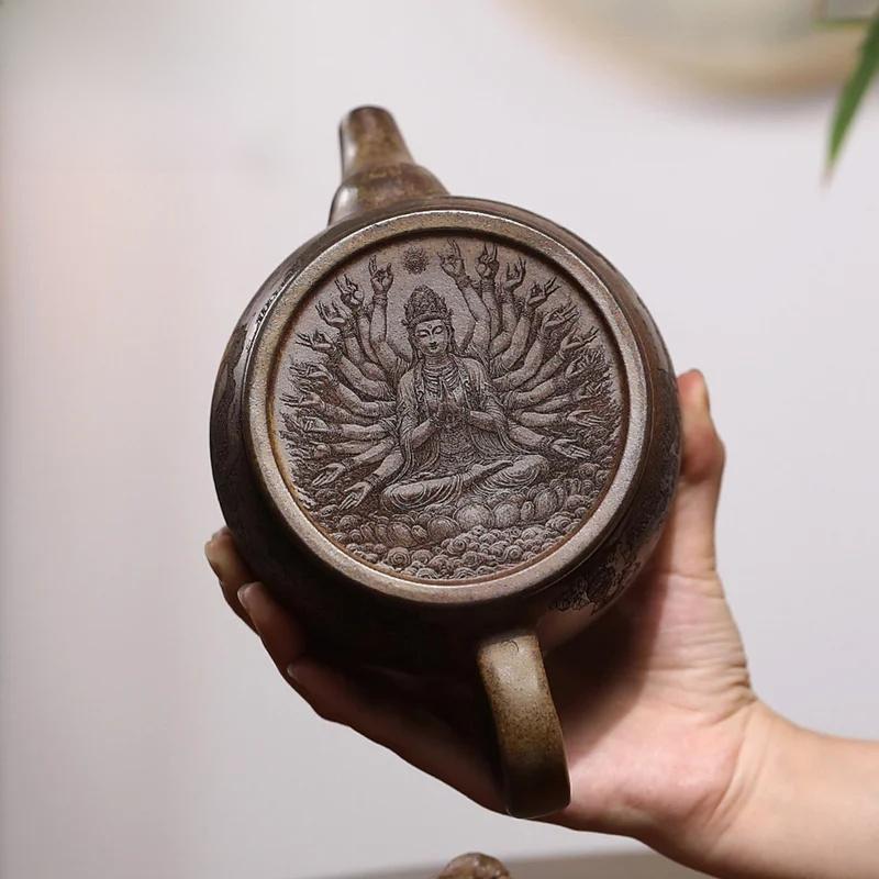 Ấm Trà Đất Sét Tím Yixing, Được Làm Bằng Khoáng Sản Thô, Nồi Chiên Rồng, Làm Bằng Gỗ, Ấm Trà Ruyi Hanwa, Thích Hợp Cho Bộ Trà Kung Fu, Dung Tích Lớn, 620ml 1