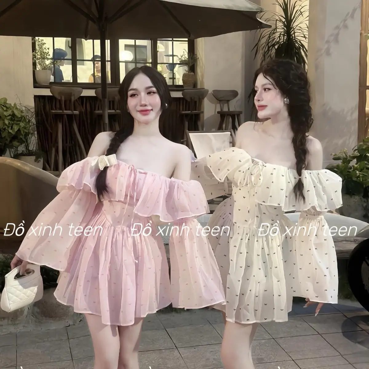 Váy trễ vai tiểu thư bèo tay loe sang chảnh có mút ngực  ( có quần rời )