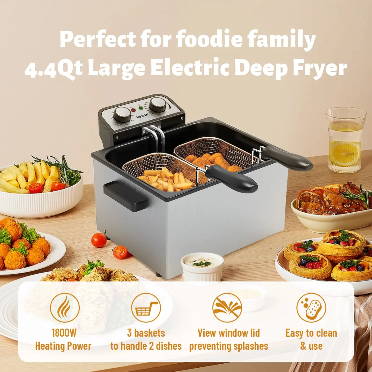 1800W 5 Liters/21 Cups Large Electric Deep Fryer With 3 Frying Baskets