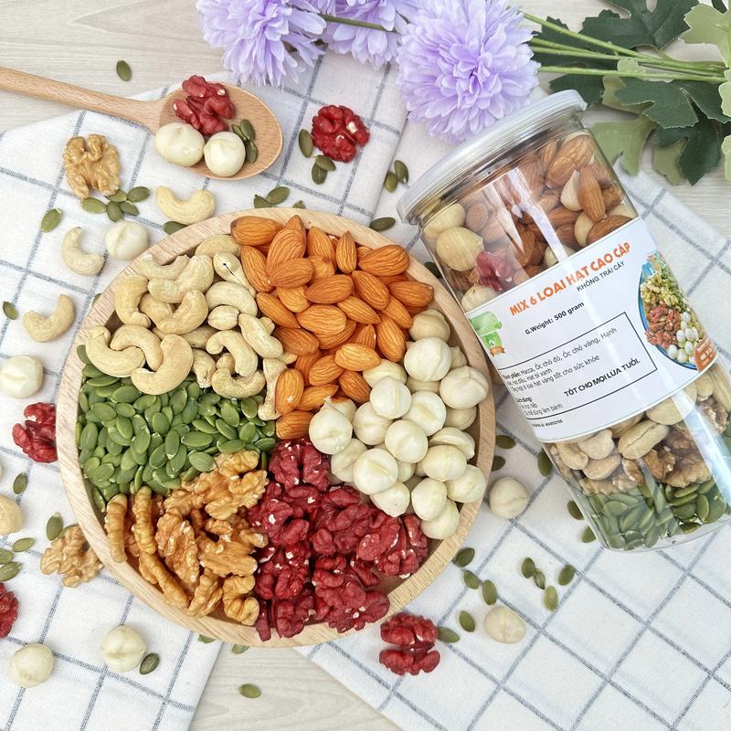 500GRAM MIX ĐẶC BIỆT 6 LOẠI HẠT CAO CẤP SẤY NGUYÊN VỊ (KHÔNG TRÁI CÂY) GỒM MACCA, ÓC CHÓ ĐỎ, ÓC CHÓ VÀNG, HẠNH NHÂN, HẠT ĐIỀU, HẠT BÍ