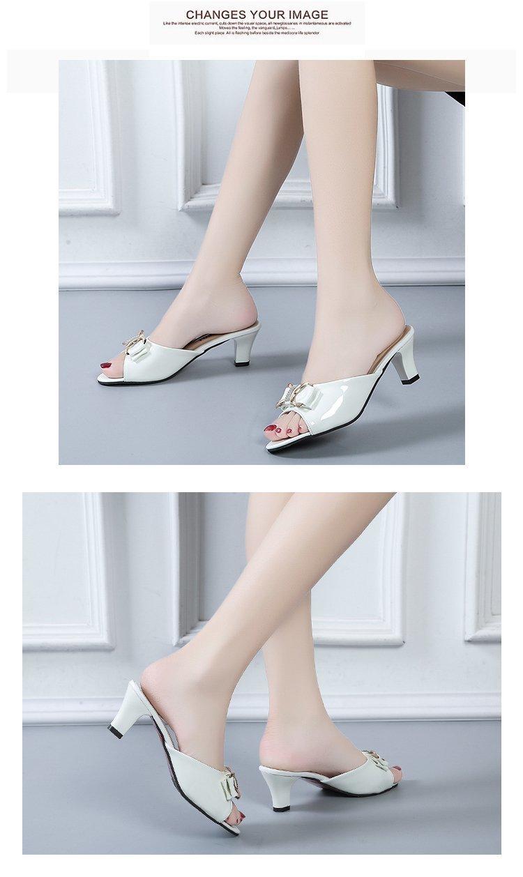 Product Introduction of 2025 Summer New Thin Heel Mid Heel Peep Toe Bowknot One-Strap Women's Versatile Large Size Slippers 6