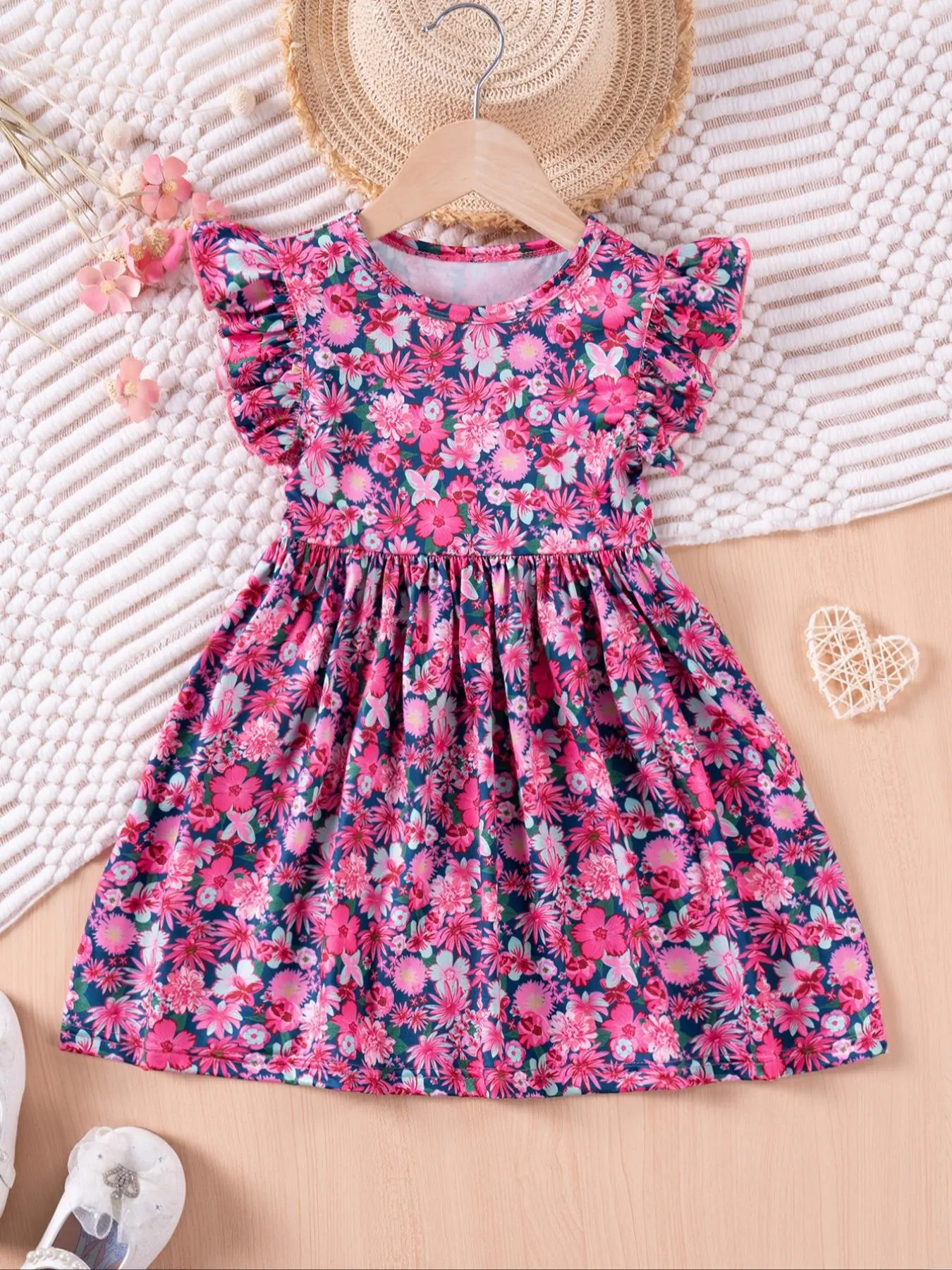 Girl's Ditsy Floral Print Ruffle Trim Batwing Sleeve Dress, Casual V Neck Sleeveless A Line Dress for Summer, Kids Clothes for Daily Wear