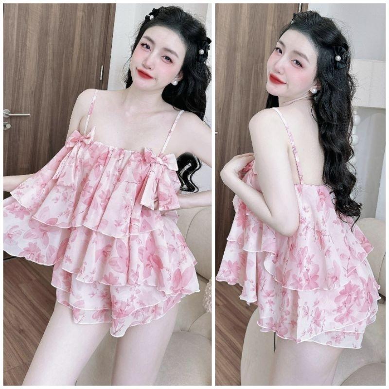 Đồ ngủ pyjama nữ mặc nhà xinh xắn- Lụa Voan 2 tầng mềm mát - Bộ ngủ 2 dây nơ kèm quần đùi - Women Kem Bo Áo Voi Quần rose đồ pijama
