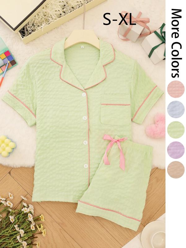 Women's Solid Color Short Sleeve Top & Shorts Pajama Two-piece Set, Casual Comfy Shirt & Shorts PJ Set, Ladies Summer Sleepwear, Loungewear 2