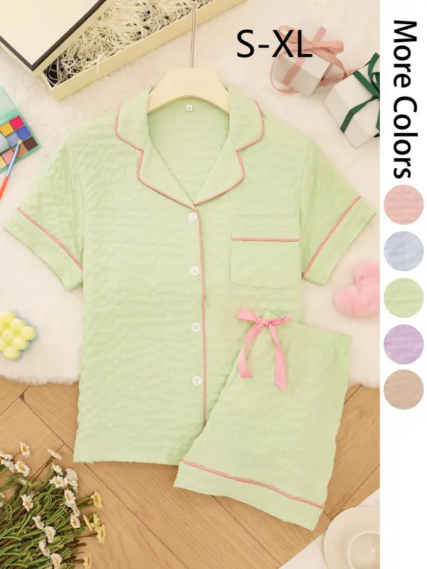 Women's Solid Color Short Sleeve Top & Shorts Pajama Two-piece Set, Casual Comfy Shirt & Shorts PJ Set, Ladies Summer Sleepwear, Loungewear 2