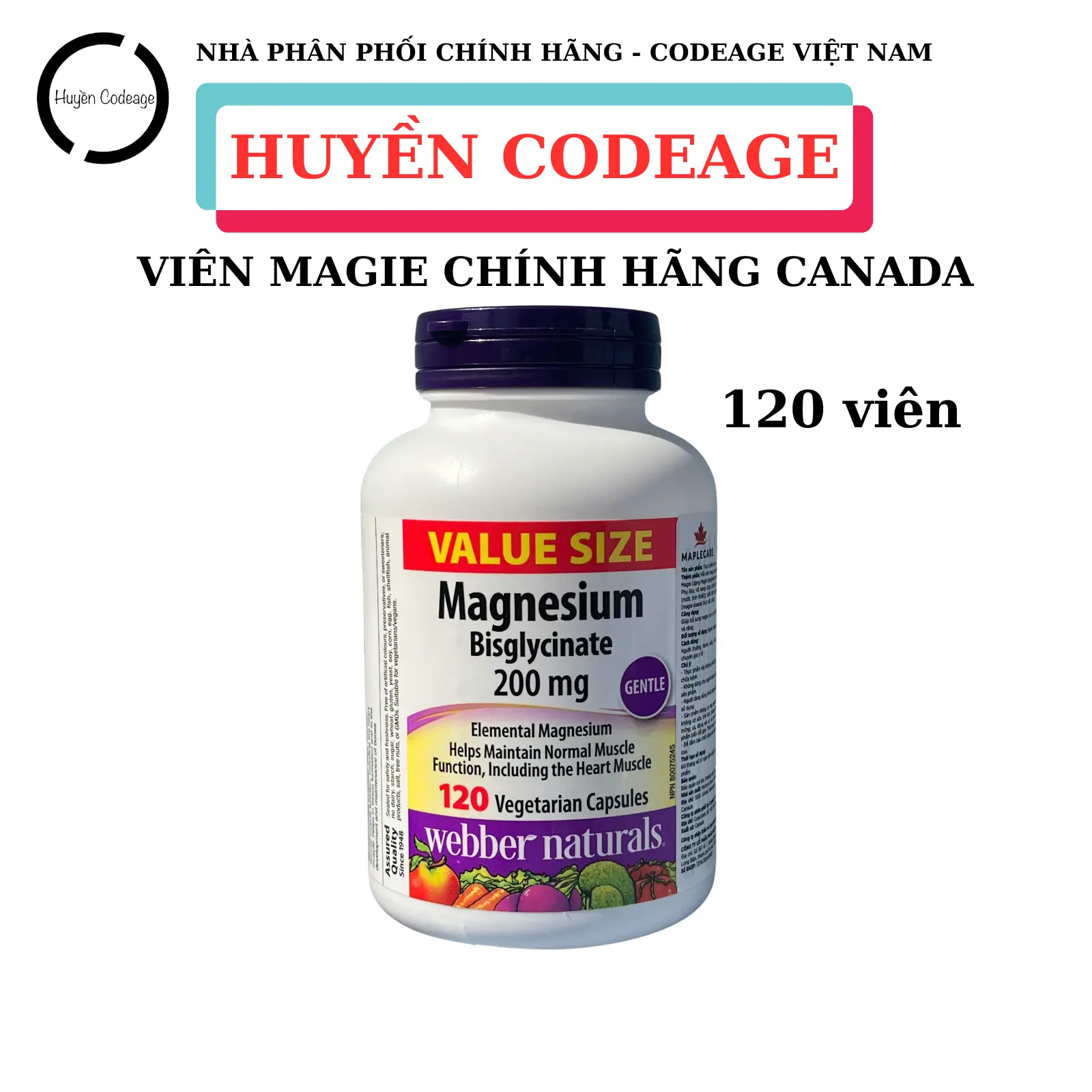 Viên uống Magie hỗ trợ sức khỏe Magnesium Bisglycinate 200mg Webber Naturals  120 viên. - HUYỀN CODEAGE sunfat