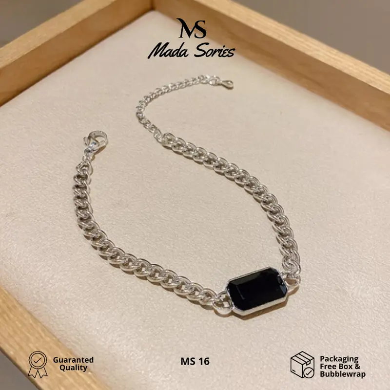 Madasories Gelang Rantai Titanium Permata Hitam Berkilau Zirconium MS16 6