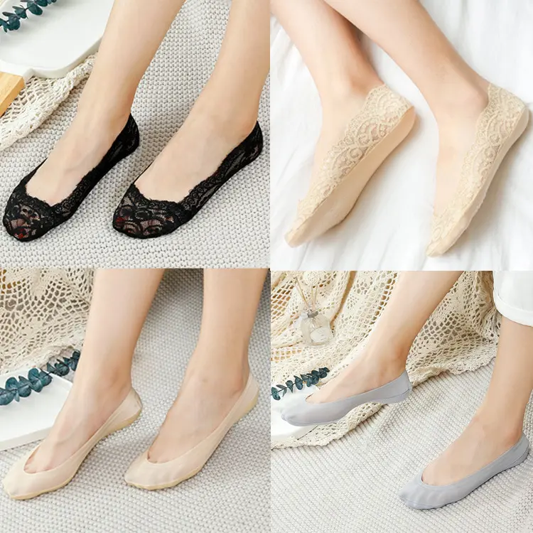 Candy Color Shallow Lace Silicone Anti-Slip Invisible Boat Socks with Non-Slip Soles for Women, Lace Edge Ice Silk Short Socks wazi