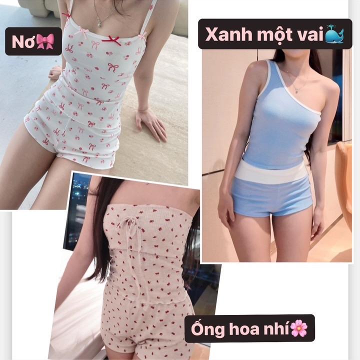 Set đồ ngủ 2 dây đính nơ, set xanh 1 vai, set áo ống hoa nhí chất thun gân co giãn Nữ Quần Ngủ women