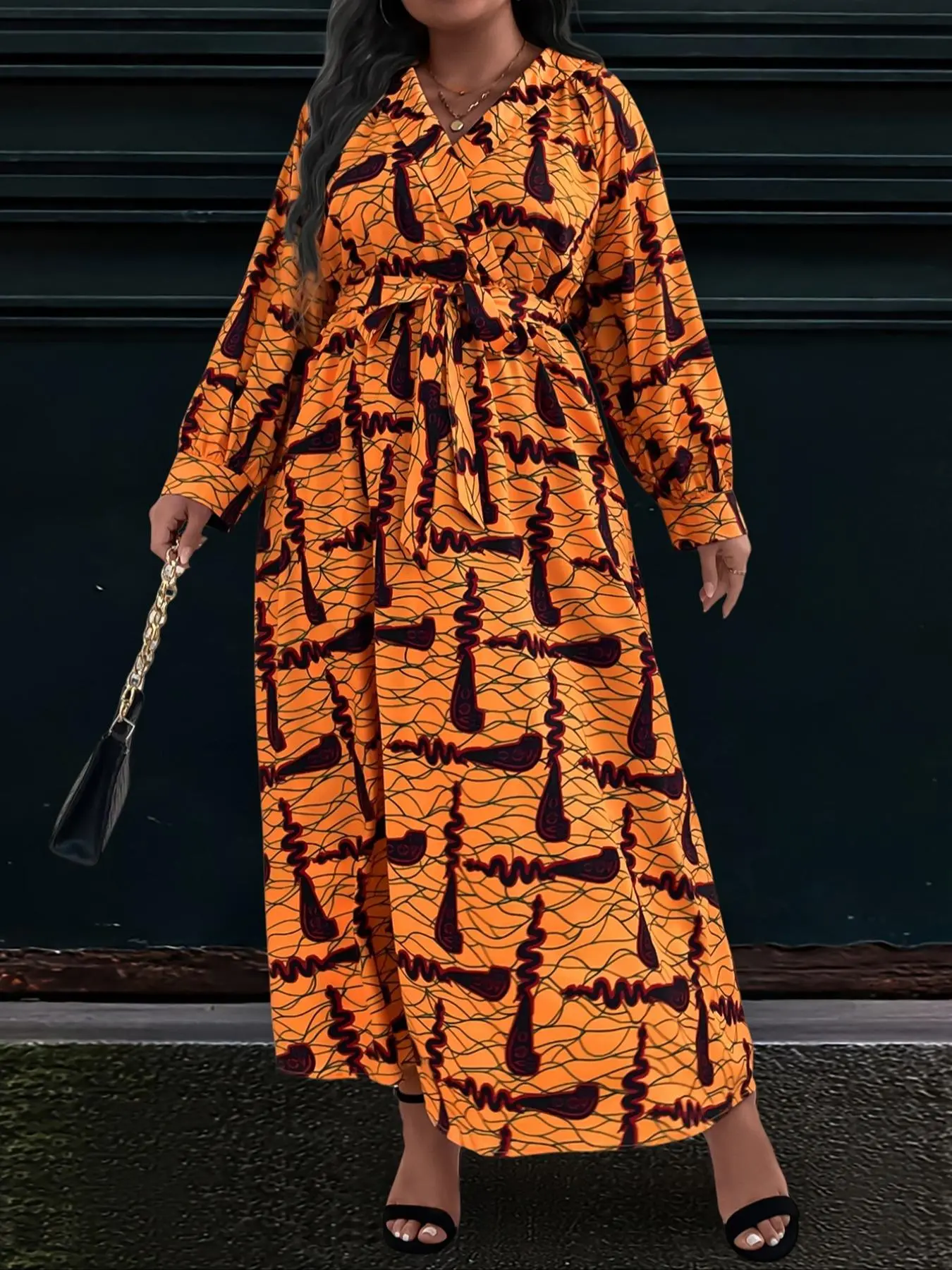 【Plus Size】Geometric Print Dress with Belt, Casual Long Sleeve Dress for Daily Home Wear, Women's Plus Clothing for All Seasons