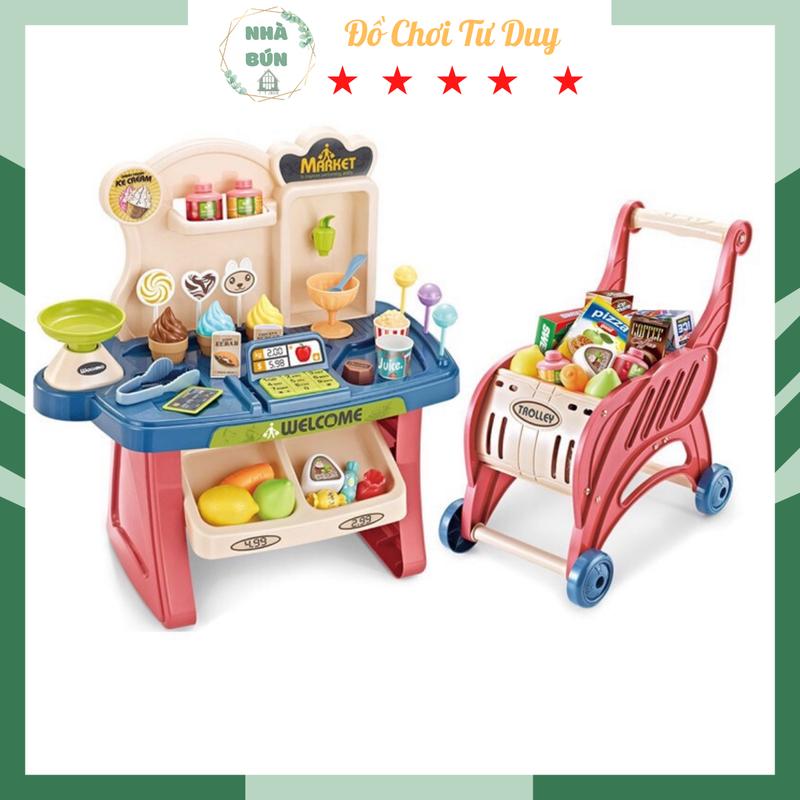 Đồ Chơi Bán Hàng Siêu Thị Kèm Xe Đẩy 40 Chi Tiết Dành Cho Bé, Quầy Bán Kem Mini Toy A3 C36