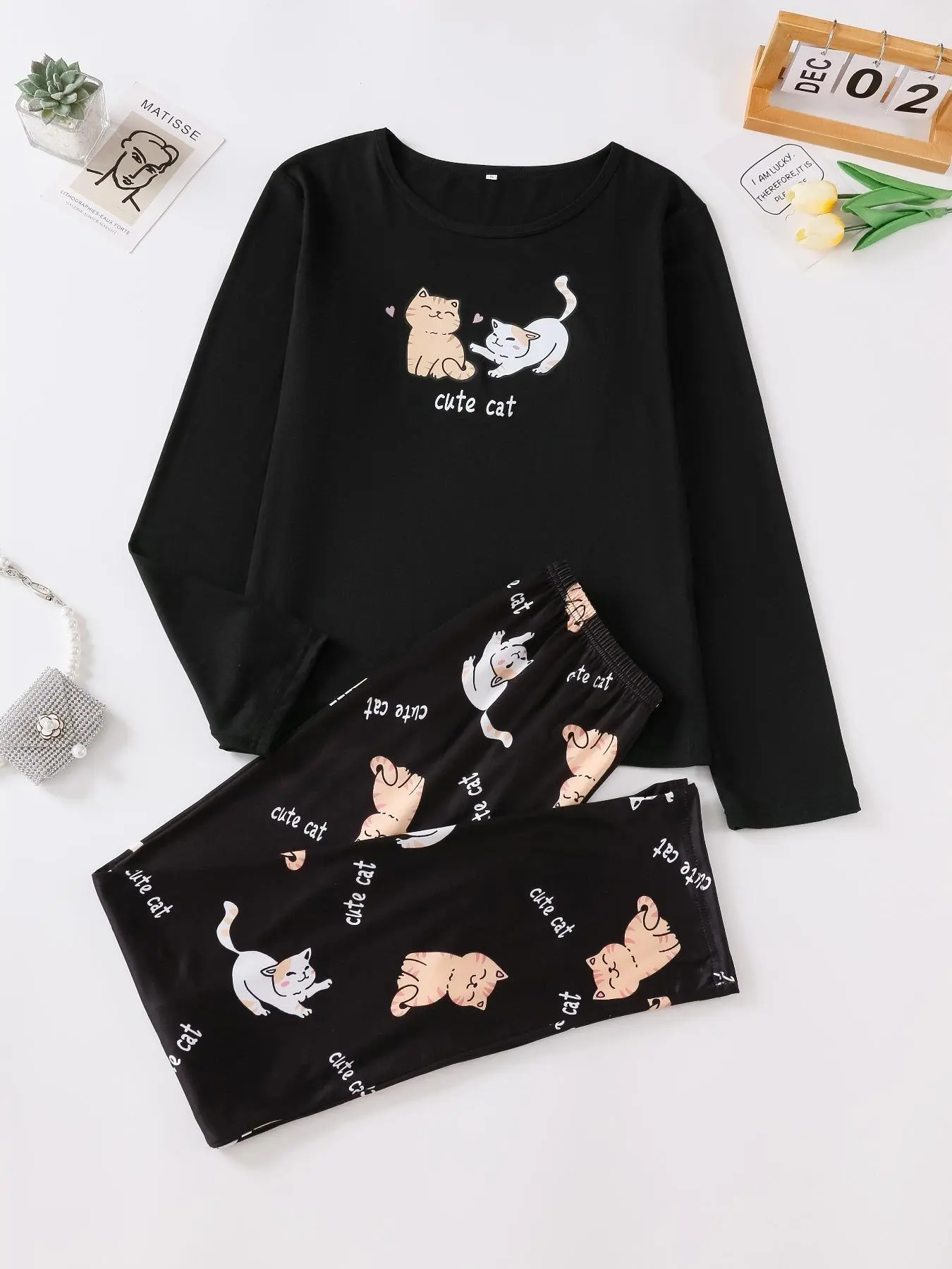 Women's Cartoon Cat Print Long Sleeve Tee & Pants Pajama Two-piece Set, Casual Comfy Round Neck Top & Trousers Pj Set, Women's Sleepwear for Spring & Fall