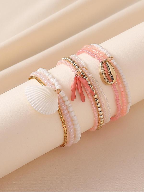 Boho Style Colorblock Beaded Anklet, Fashionable Shell & Leaf Charm Decor Anklet for Women & Girls, Elegant All-match Fashion Accessories for Daily Wear 5
