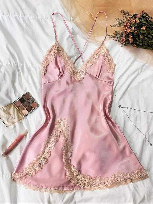 Women's Contrast Lace Criss Cross Bow Back Satin Cami Nightdress, Silky Naughty Lingerie, Night Gown for Women, House Dress for Women, Elegant Spaghetti Strap Split Hem Backless Night Gown, Ladies Summer Sleepwear & Loungewear, Pyjamas for Women 3