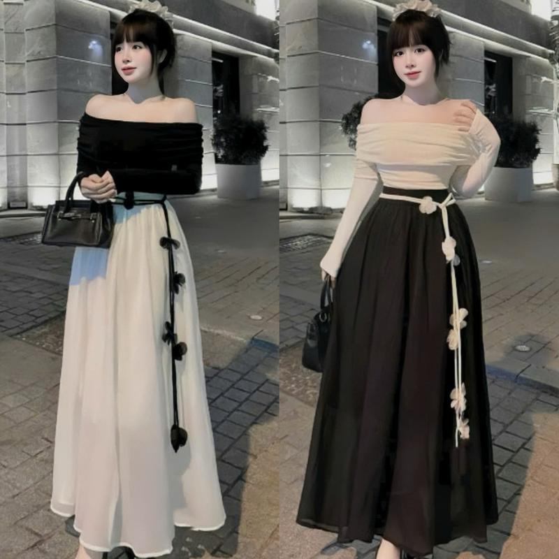  Set váy nữ áo tăm lạnh trễ vai dài tay mix chân váy voan dáng dài xòe  kèm dây cột eo  xinh xắn sang chảnh dành cho các nàng diện đi chơi,đi tiệc. Women top 