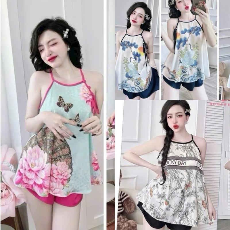 T16 40-58kg Set Đồ bộ ngủ nữ phi lụa cổ yếm in hình 3D Women Voi