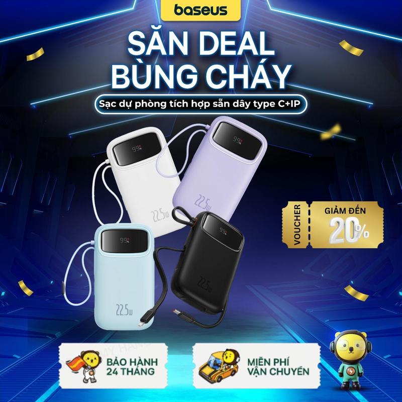 Sạc dự phòng Qpow 2 22.5W Baseus 10000mAh 20000mAh tích hợp 2 dây sạc nhanh type C + IP màn hình đèn LED Titan