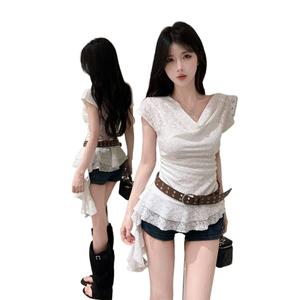 Wasteland Style Irregular Ruffled Collar Short Sleeve Top for Women Summer New High-End Waist-Cinching Slimming Lace Blouse