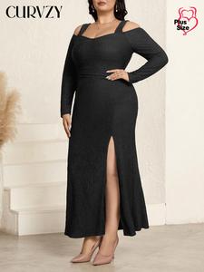 CURVZY Plus Size Solid Cold Shoulder Split Thigh Dress, Elegant Long Sleeve Dress for Party Holiday Wedding Guest, Women's Clothes for Summer