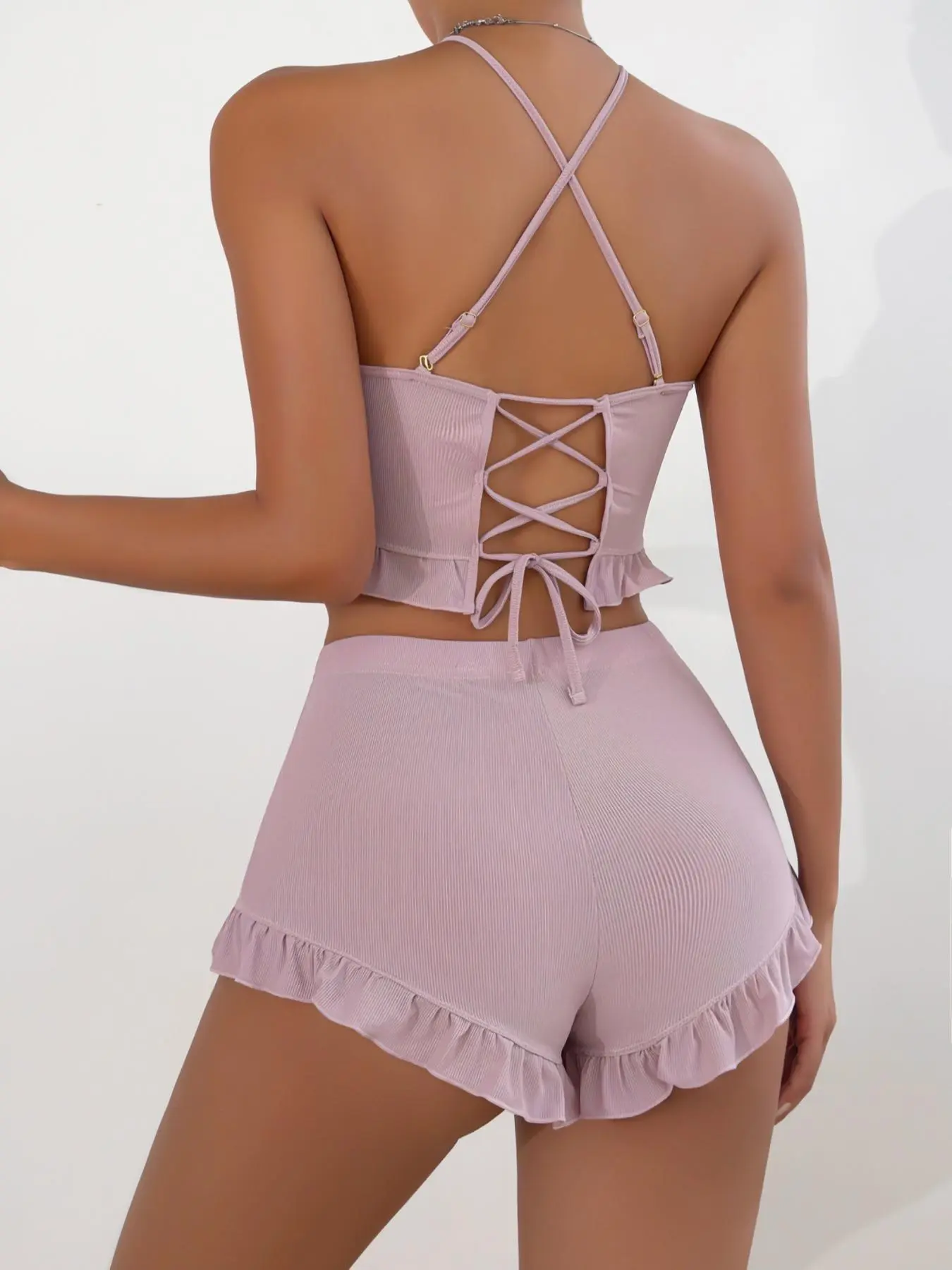 Two-piece Set Women's Solid Criss Cross Backless Cami Top & Elastic Waist Shorts Pyjama Set, Casual Lace Up Ruffle Trim Camisole & Shorts, Women's Summer Sleepwear