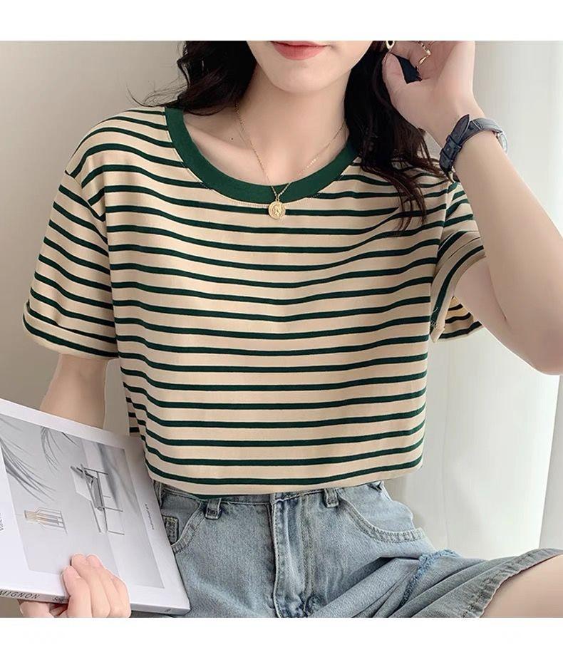 Product Introduction of Áo Phông Sọc Trắng, Ngắn Tay Nữ, Bộ Sưu Tập Mùa Hè 2024, Hàng Mới Về, Thích Hợp Cho Mùa Xuân Và Mùa Thu, Áo Mỏng, Dáng Rộng Vừa Vặn, Áo Phông Cổ Thuyền Top Women 4