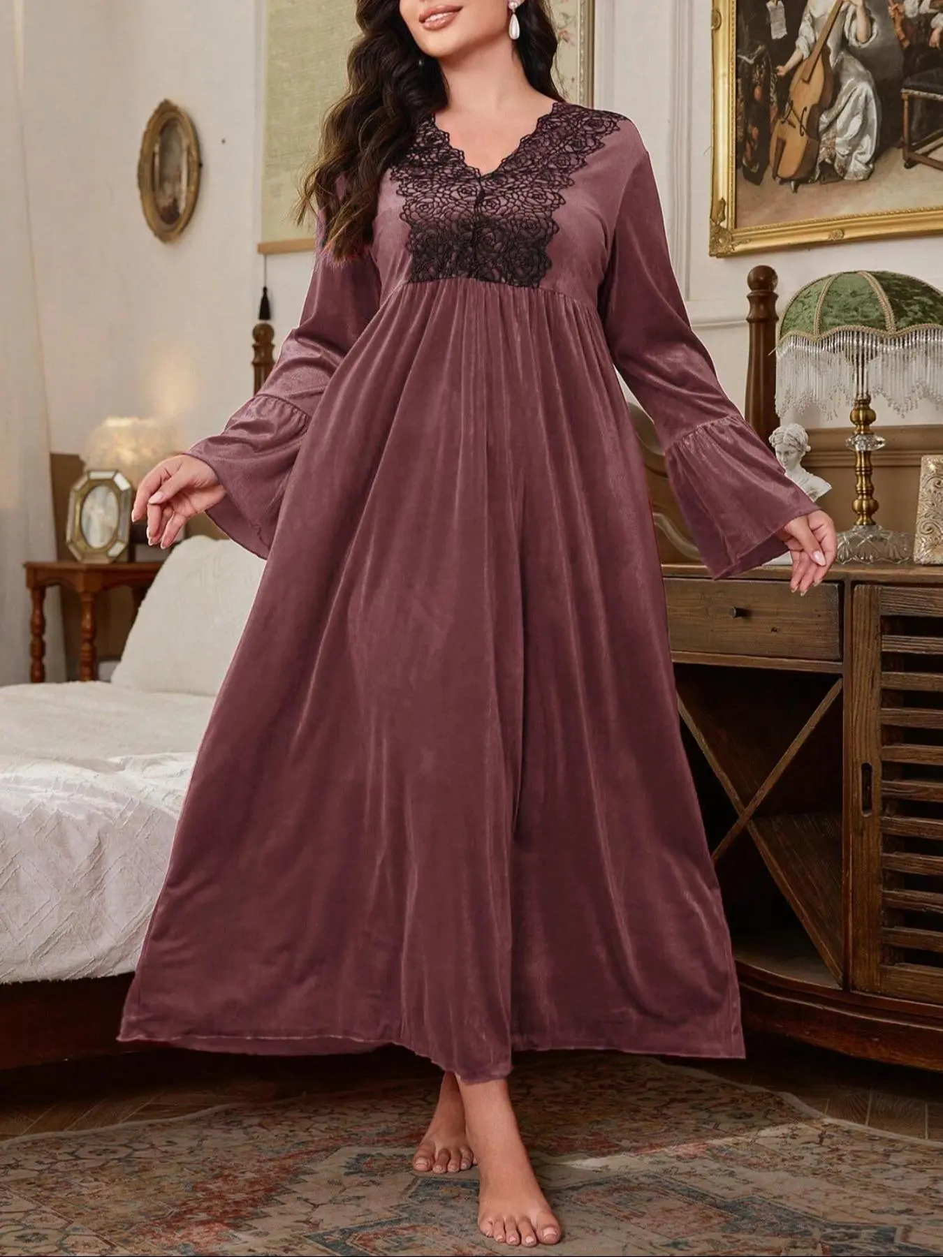 【Plus Size】 Long Sleeve Contrast Lace Nightdress, Casual Comfy V Neck Nightgown for Women, Women's Sleepwear for Spring & Fall