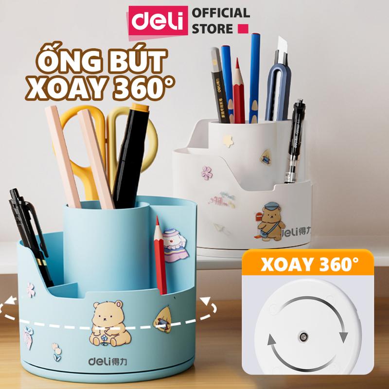  Ống bút xoay 360 độ Deli - hộp bút tròn nhiều ngăn tích hợp giá đỡ điện thoại tiện lợi - tặng kèm sticker dễ thương ống bút học sinh văn phòng phẩm 
