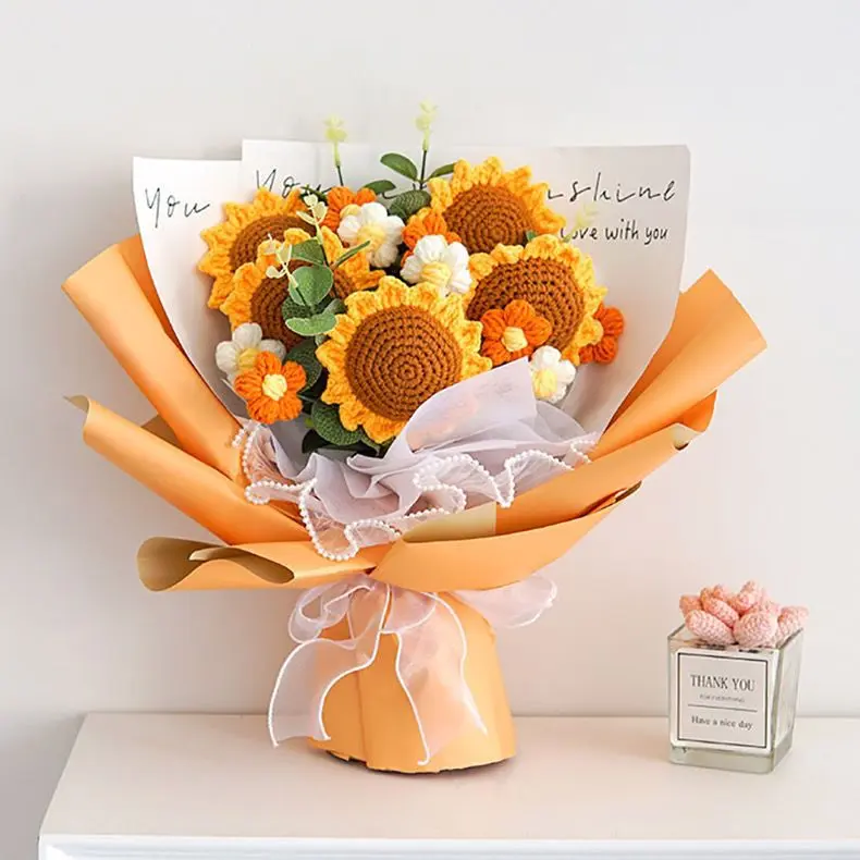 New Knitted Finished Wool Bouquet Birthday Gift Sunflower Hand-Woven Adulthood Celebration Junior High School Entrance Examination Bouquet Decor Decorative Fruit Plant Ornaments