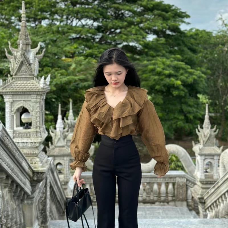 Áo baby doll tay dài. Áo kiểu nữ cổ V viền bèo Women sơmibeo