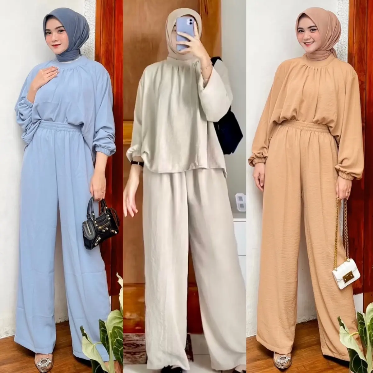 Setelan Muslim Polos Wanita Baju Celana Karet Panjang
