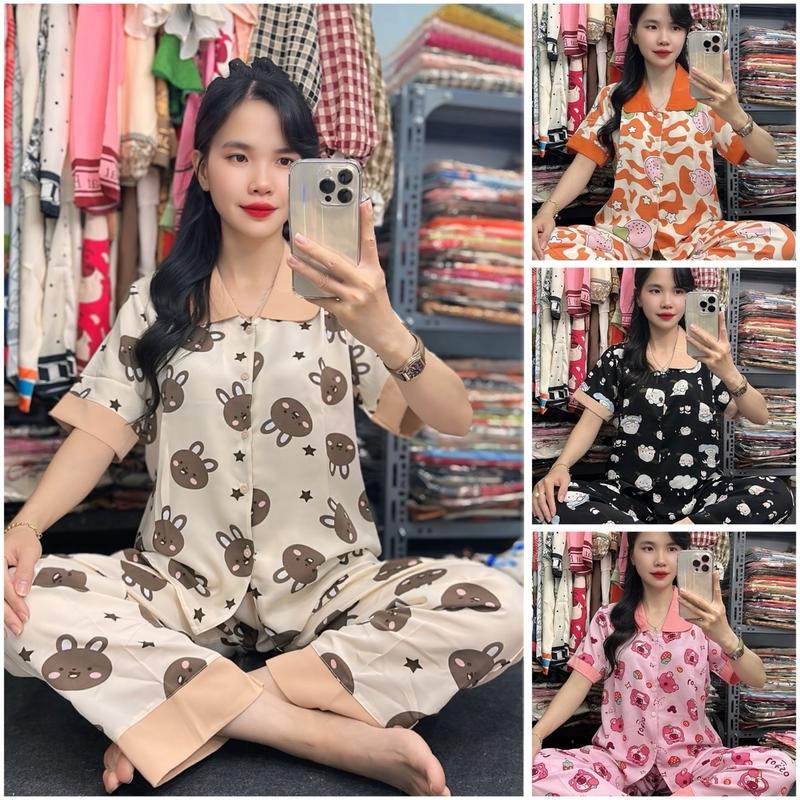 Bộ ngủ pijama cổ sen tay cộc form 40-60kg, lụa mango chất mịn không nhăn hoạ tiết dễ thương Voi Quần Ngủ Thun Áo Ngủ