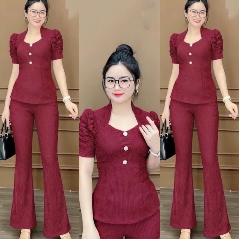 [H14 Ôm-BASS] Mẫu đồ bộ xốp nhật tay phồng thân cách điệu ba nút sang trọng từ 40 ký đến 85 ký 【set blue thường Nữ