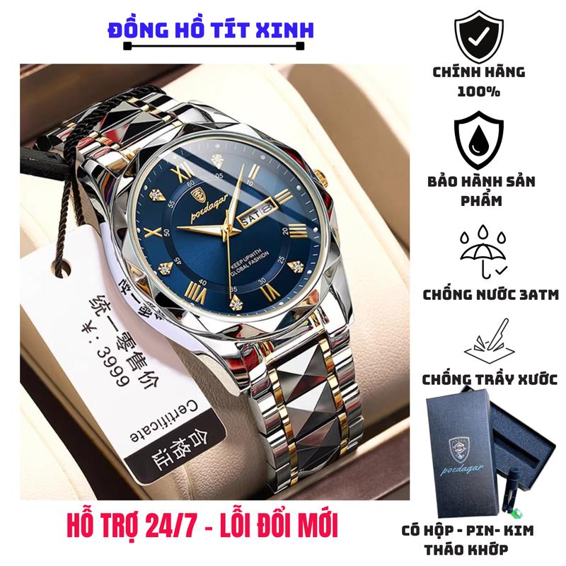 Đồng hồ nam chính hãng POEDAGAR sang trọng, múi giờ đính đá, lịch tuần, khóa chụp đôi, chống nước 3ATM, kính sapphire, phát quang, màu xanh dương, mặt đen viền bạc Watch Đeo Tay