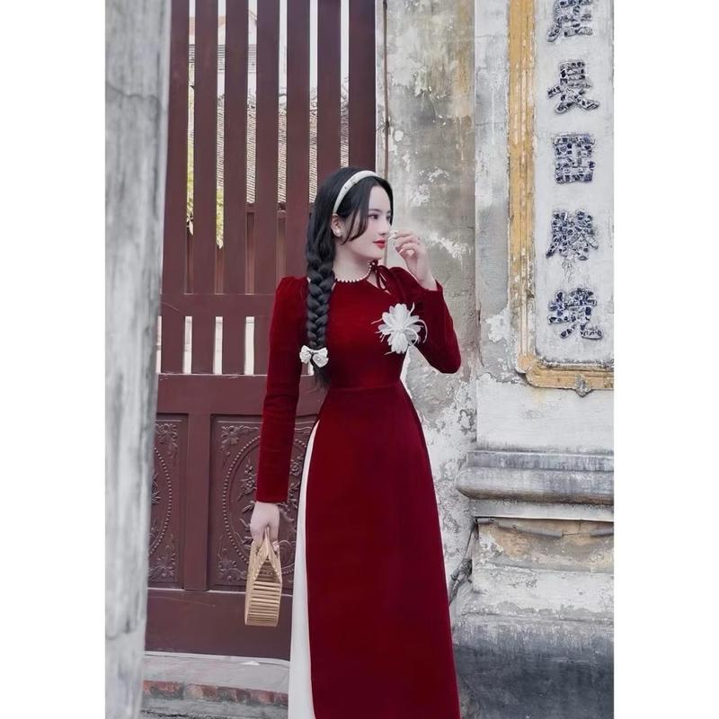 Product Introduction of set ao dài nữ chat vai nhung quần lụa tuyet nhung di du xuan Women( ko co hoa cai) Dress 14