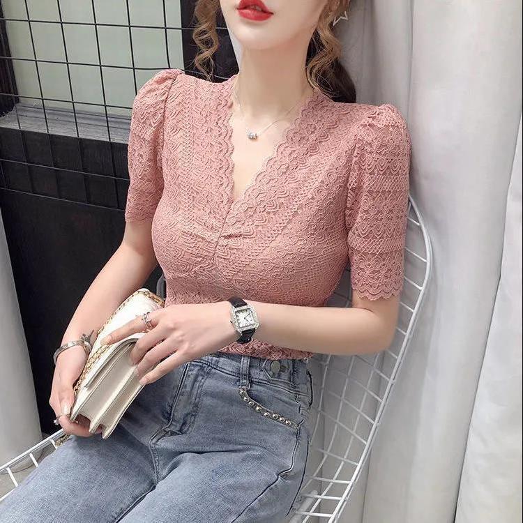 Áo Sơ Mi Ren khoét Tay bồng Cho Nữ, Hàng Mới Về Mùa Hè, ngắn Tay, Cổ Chữ V, Áo Gợi Cảm, Độc Đáo, Dáng Ôm, Dễ Phối Đồ, Cỡ Nhỏ Áo Sơ Mi Nhỏ Top Women 5